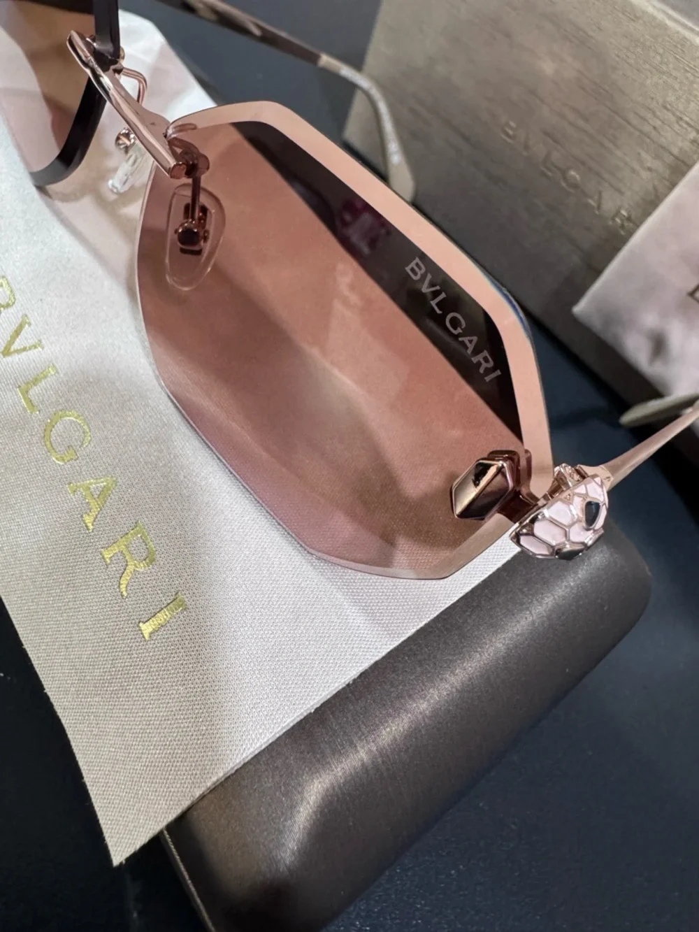 Bulgari Rose-Tint Octagonal Rimless Sunglasses - Picture 5 of 16